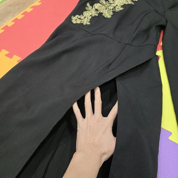 PrettyLittleThing Black Maxi Dress Gold Embroidered Floral Appliqué Size US 8 UK - Picture 2 of 12